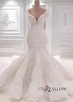 2020 Vestidos de novia de sirena atractivos sin respaldo V-cuello en V Batas del hombro BC0221