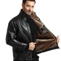 男性PUフェイクレザージャケット冬のフリース厚い暖かいコートブラックブラウンジッパージャケット送料無料