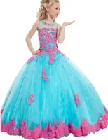 2019 Little Girl Ball robe de ballon filles pageant robes de bijou cou dentelle applique glitz pageant longueur longueur fleur girls robes pour enfants PROM