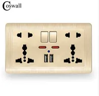 Coswall Wall Power Socket Doble Universal 5 Agujero Interruptorado Outlet 2.1A Dual USB Cargador Puerto Indicador LED 146mm * 86mm Gold 110-250V