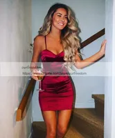 2019 Yeni Şarap Kırmızı Kısa Mini Kokteyl Elbiseleri Spagetti Sapanlar Kılıf Saten Özel Durum Parti Kıyafeti Custom Made