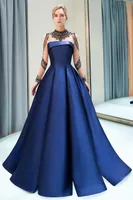 Designer 2019 Nuovo arrivo blu navy elegante da sera Prom Dresses Sheer maniche lunghe perline Ruffles lungo celebrità abito formale CPS1160