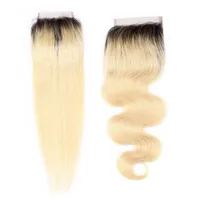9a Brasilianska Virgin Human Hair Weave Stänger Kroppsvåg eller Rak T1b / 613 Ombre Color Bionde 4x4 Lace Closes
