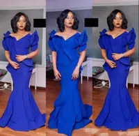 2019 Meninas Negras Azul Royal Sereia Vestidos de Baile Longo Plus Size Sul Africano Cetim Barato Evening Gowns chic lindo Vestido de Festa Formal