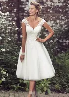 1920s Elegant Tea-Length Wedding Dresses retro V Neck Cap Sleeves Appliques Lace Tulle Ball Gown Short country Wedding Dresses318a