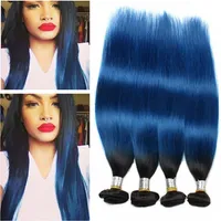 Prosto # 1B / Blue Ombre Brazylijski Virgin Human Hair Bundles Oferty 4 sztuk Lot Black and Blue 2Tone Ombre Human Hair Weaves Extensions 10-30 "