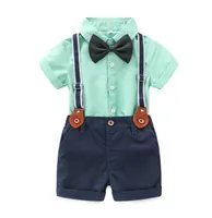 Новые летние мальчики установить Gengleman дети галстук-бабочку с коротким рукавом рубашки + Подтяжк шорты 2 шт. мальчик одежда костюм дети наряды W176