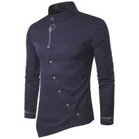 2017 Fashion Male Shirt  Personality Oblique Button Mandarin Collar Men Tuxedo Long Sleeve Shirts For Men Big Size 2XL