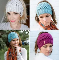 New Women Ponytail Beanies Hand Made Back Hole Pony Tail Knitted Hats Winter Warm Crochet Skull Beanie 6 Colors
