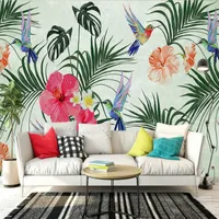Scandinavian Hand Painted Watercolor Tropical Leaf Bird 3d Wall Paper Decorative Painting Wallpaper for Walla Home Improvement