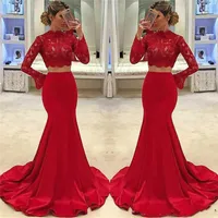 Sexy Lace Two Pieces Mermaid Illusion Long Sleeves Evening Dresses High Neck Robe De Soiree Red Prom Gowns Formal Party Pageant Dress