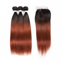 Straight 1B/33 Two Tone Color Human Hair Bundles with Lace Closure Auburn Ombre Brazilian Virgin Hair Weaves Extension With Closure