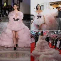 Amazing Pink MultiLayer Prom Dresses High Low Tiered Court Train Celebrity Evening Gowns With Black Bow Custom Made Soft Tulle Pa2669698