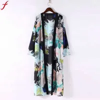 Kobiety Boho kwiatowy nadruk długa bluzka luźna szal Kimono Cardigan Boho Beach Cover Up Shirt Ovear Blusa Mjer Feminino#4