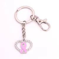 Bröstcancer Medvetenhet Zink Alloy Rosa Enamel Ribbon Bow Crystal Heart Pendant Key Chain Drop Shipping