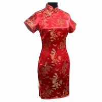 Vintage Chiński styl Mini Cheongsam New Arrival Damska Satyna Qipao Red Lato Sexy Party Dress Mujer Vestidos Plus Size S-6XL