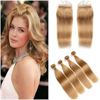 Silky Straight Indian Honey Blonde Human Hair With Top Closure # 27 Jordgubb Blond 4x4 Spets Avslutning med Virgin Hair Weaves 4 buntar