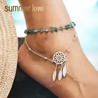 Nuevo estilo chic mujeres boho étnico irregularidad piedra tobilleras Dreamcatcher Foot Chain Beach Jewelry Fashion Leaf Feather Charm Accesorios