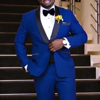 Royal Blue Wedding Groom Tuxedos 2018 Noir Châle Revers Deux Pièces One Button Business Party Hommes Costumes (Veste + Pantalon)