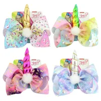 8 inches Jojo Siwa Rainbow Stars Love Unicorns Printing Giant Bow Girl Hair Clips Kinderen Bobby Pin met Card 14 Designs
