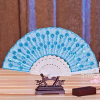 刺繍スパンコール布折りたたみファン装飾プラスチック製シルクファンダンス中国の手持ち型ファンのウェディングフォール10ピース/ロット