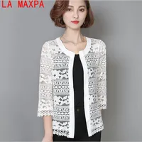 La Maxpa 2018 новый весна 5XL плюс размер Wome Одежда женская белая кружевная блузка кардиган черное вязание крючком сексуальная женская блузка