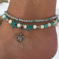 Fashion Foot Chain Double conque Starfish Beach Tortue Palmande Pendentif Chaîne pied Chaîne à la main Bracelet Femme Ornements