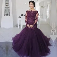 グレープ紫の人魚の母の花嫁のドレスレースシアー長袖プラスサイズの母のドレスチュールスイープ列車プロムイブニングドレス