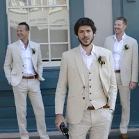 Senaste Coat Pant Designs Ivory Beige Beach Linne Män Passar 2022 Bröllops kostym Bestmen Summer Marriage Groom Tuxedo 3 Piece (Jacket + Pant + Vest)