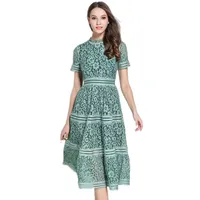 Zawfl Высокое качество Самопортретное платье 2018 Летние Женщины Элегантная стройная розовая / Зеленая Пустота из кружева A-Line MIDI Платье Vestidos