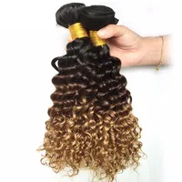 Malaisien ombre brun foncé blonde de la vague de cheveux humains 3/4 paquets coloré 1b / 4/27 # Curly Virgin Human Hair Weave Extensions