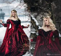 Gotik Uyku Güzellik Prenses Ortaçağ Kırmızı ve Siyah Balo Düğün Elbise Uzun Kollu Dantel Aplikler Victoria masquerade Gelin Gow