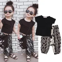 Yaz Boho çocuk bebek erkek kız giyim siyah tişört geometrik harem pantolonları 2 parçalı set şirin çocuklar kız butik kıyafetler kıyafetler