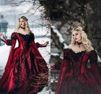 Gothic Dornröschen Prinzessin mittelalterlichen roten und schwarzen Ballkleid Brautkleid Langarm Spitze Appliques viktorianischen Maskerade Brautkleider