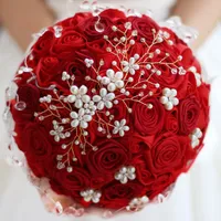 Özel Çin Düğün Buket Kırmızı Ipek El Yapımı Gül Kristal Inci El Yapımı Gelin Buketi
