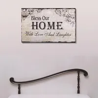 La placa decorativa de madera de la muestra de la pared bendice nuestro hogar con amor y la risa Decoración del hogar del color negro gris
