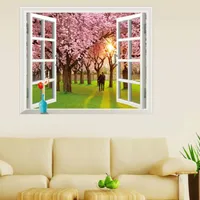 amant couple couleur rose Fleur de cerisier arbre sticker mural stickers muraux de vue de la fenêtre 3D paysage paysage mural de mariage décoration de la maison
