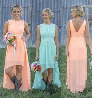 2018 New Cheap Mint Green Chiffon Sheath Bridesmaid Dresses Bateau Backless High-Low Coral Beach Maid Of Honor Dresses Wedding Party Gowns