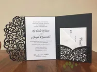 2018 Invitaciones de boda asequibles Invitaciones de boda de bolsillo con corte láser Suites Invitaciones personalizables con sobre En blanco Interior personalizado Impreso