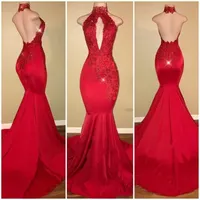 2018 Red Halter Keyhole Satin Mermaid Long Prom Dresses Lace Aplikacje Zroszony Backless Sweep Pociąg Suknie Wieczorowe Formalne Dresses