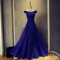 Royal Blue Lace Evening Dresses New Appliqued Long Evening Gowns Short Sleeves Prom Gowns Lace Up