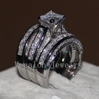 Vecalon Fine Smycken Princess Cut 20ct 5a Zircon CZ Bröllop Band Ring Set för Kvinnor 14kt Vitguldfylld Fingerring
