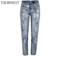 Touhonest 2018 Autumn Women Loose Straight Metallic embroidered  Sequins Holes Denim Pants  Casual Holes Jeans