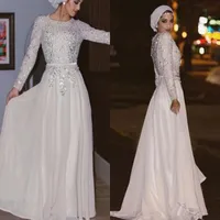 2018 Muslim Long Sleeves Evening Dresses Sequins Chiffon Arabic Abaya Party Dresses Floor Length Back Zipper White Prom Dresses