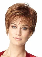 Açık kahverengi kısa kabarık saç peruk Isıya dayanıklı fiber sentetik peruk kapaksız kadınlar için hiçbiri dantel peruk