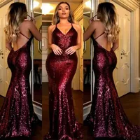 Tanie Cekinowe Burgundy Prom Dresses Mermaid 2018 Pasek Spaghetti Sexy Backless Long Arica Junior Druhna Dresses Afryka Wieczór