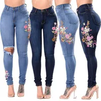 3XL Womens Denim Floral Embroidery High Stretch Jeans Big Yard Light Dark Blue Leggings Pants High Waist Pants