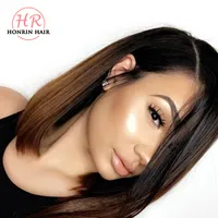 Honrin Hair koronkowa peruka przednia Krótka Bob Ombre Kolor wstępnie rozkładany linia włosów peruwiańskie dziewicze ludzkie włosy Bielone węzły Pełna koronkowa peruka