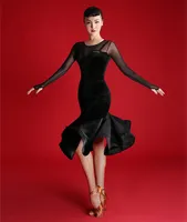 2019 nouveau adulte / filles robe de danse latine salsa tango cha Charo salle de bal de salon pratique robe de danse noire sexy slim manches longues velours dres