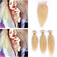 Virgin Brasilian Blonde Human Hair 3pcs Bundles Kinky Curly With Top Closure 4PCS Lot # 613 Bleach Blond 4x4 Front Lace Closure With Weaves